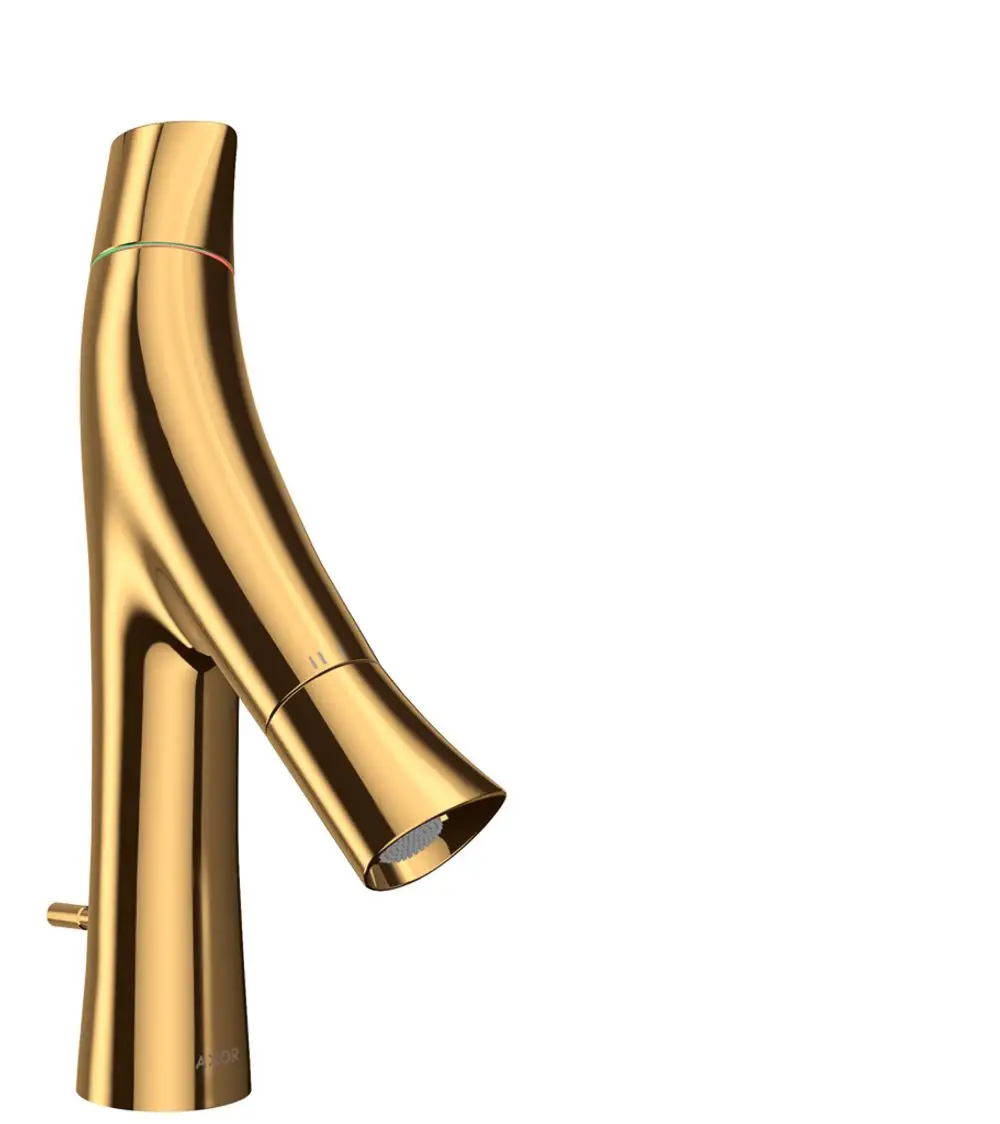 Waschtischmischer in glänzendem Gold-Design, mit einem schlanken, organischen Profil und einer praktischen Steuerung von AXOR.